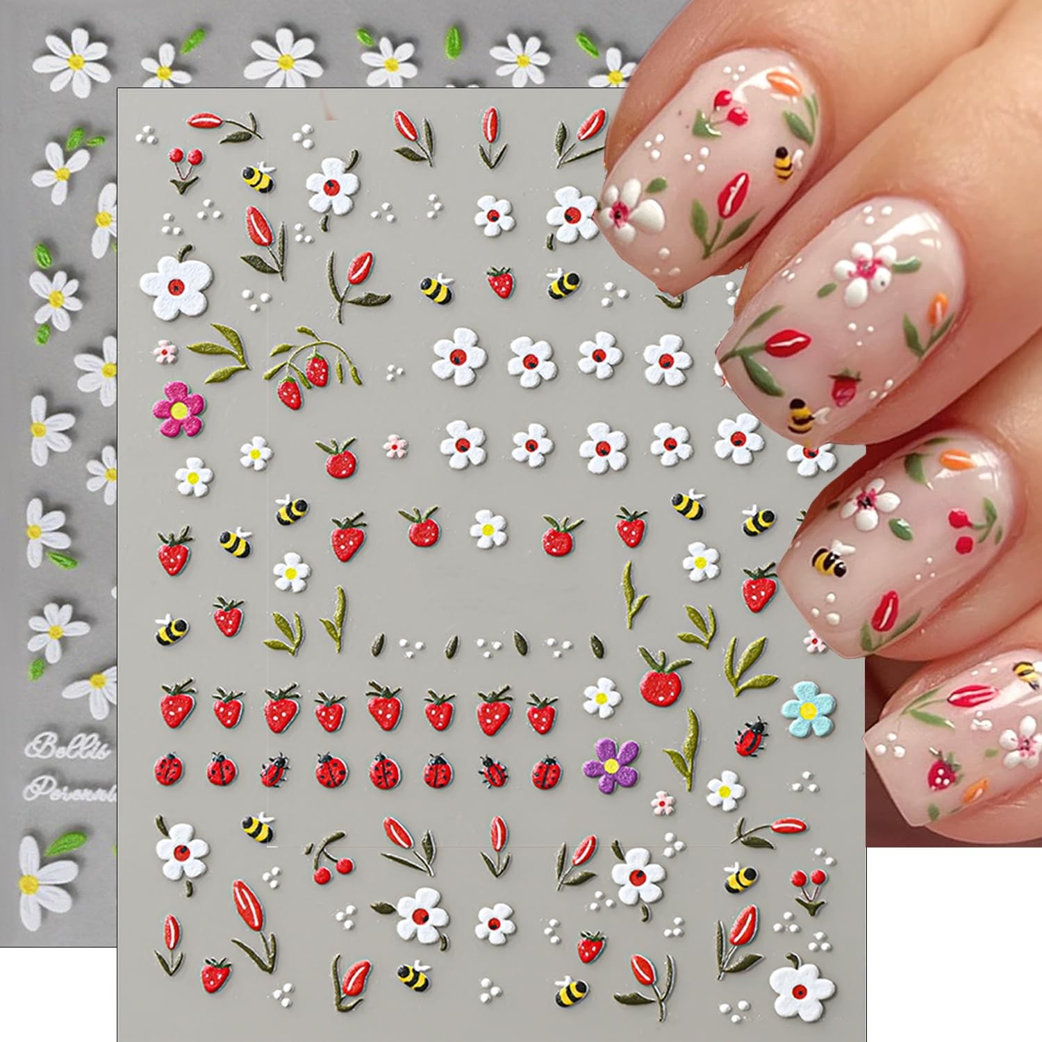 2 Sheets 5D Flower Nail Art Stickers Decals Embossed Daisy Nail Decals Bee La…