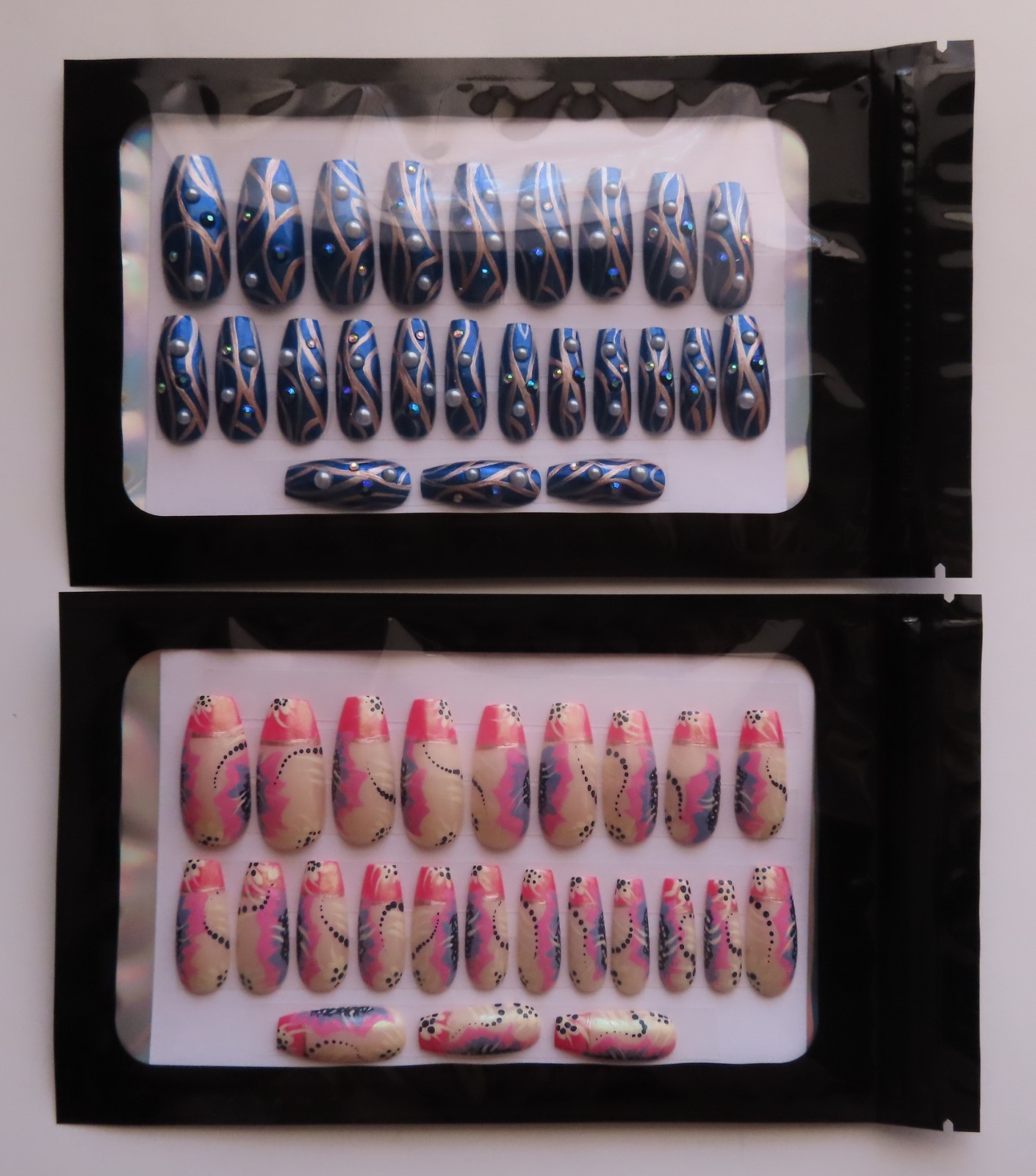 (2) Set Pink Blue Black Abstract Flower | Blue Pearl Ballerina Press-On Nails