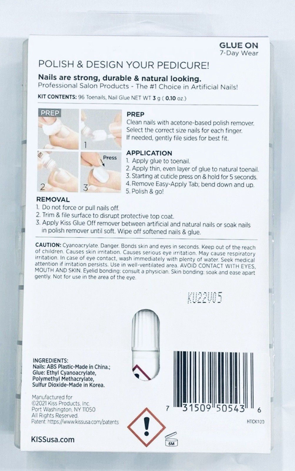 KISS 96 Full Cover Toenails Short Glue On Pedicure Kit 12 Sizes NEW