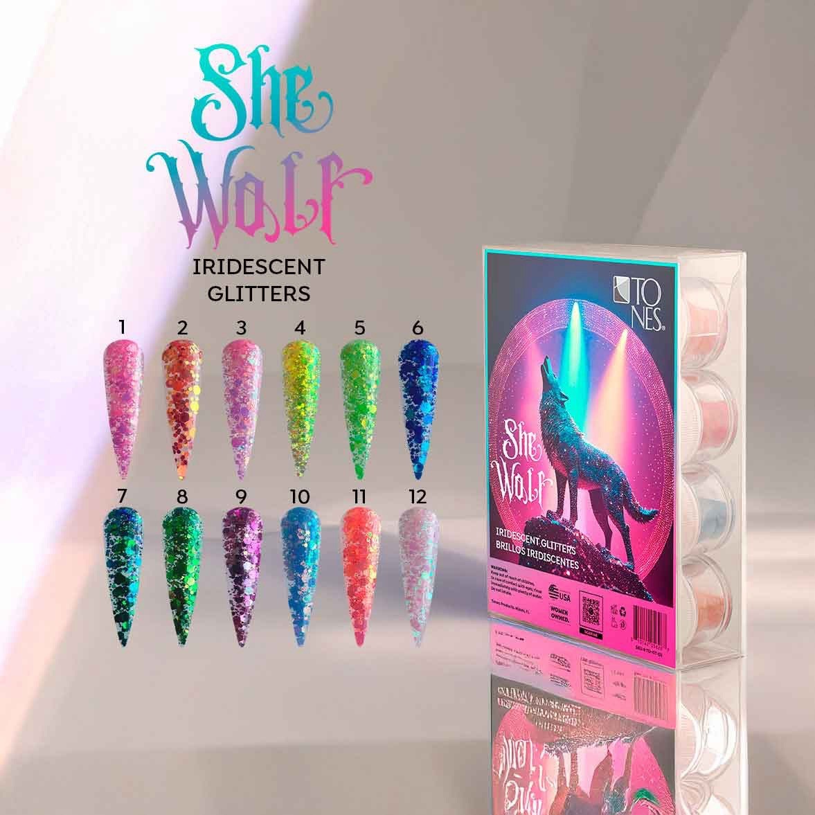 Tones She Wolf Nail Glitter Iridescent Set Of 12 Shakira New Nail Tech Art Kit