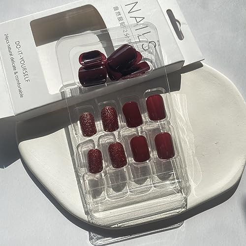 Burgundy Press on Nails Short False Nails Solid Color style14-Burgundy fall