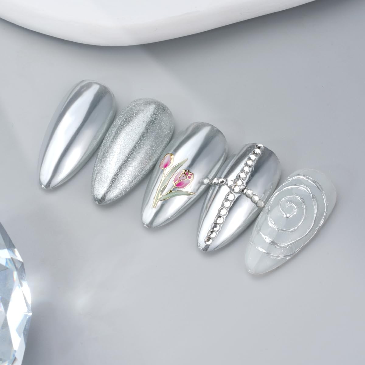 Chrome Nail Powder – Silver Mirror Effect Nail Chrome Powders, Highlight Meta…