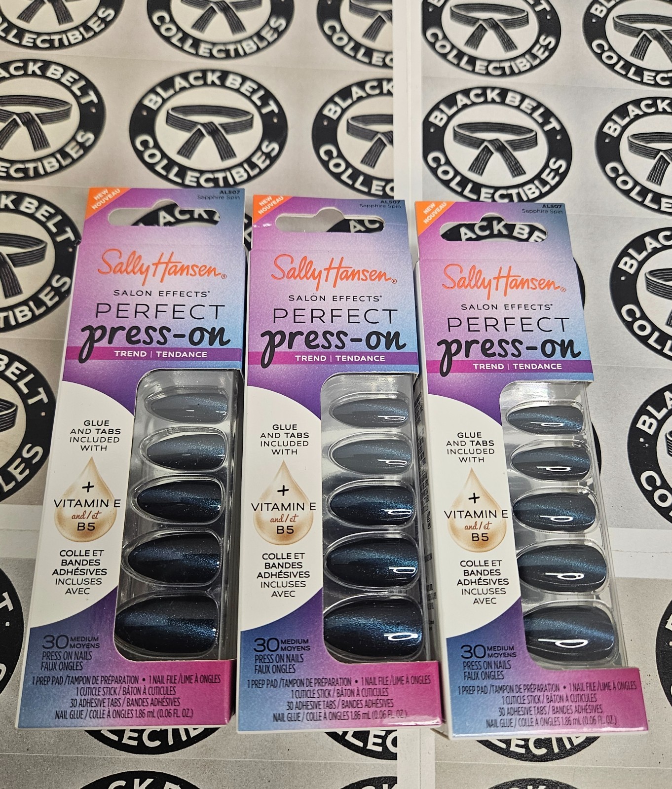 Lot of 3 Sally Hansen Perfect Press-on Nails Medium Sapphire Spin Blue