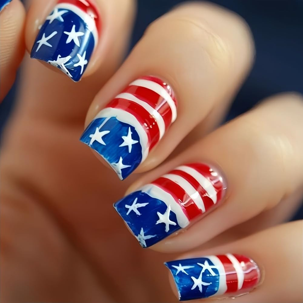 4Th of July Press on Nails Medium Square Fake Nails Flower Fireworks False Nails