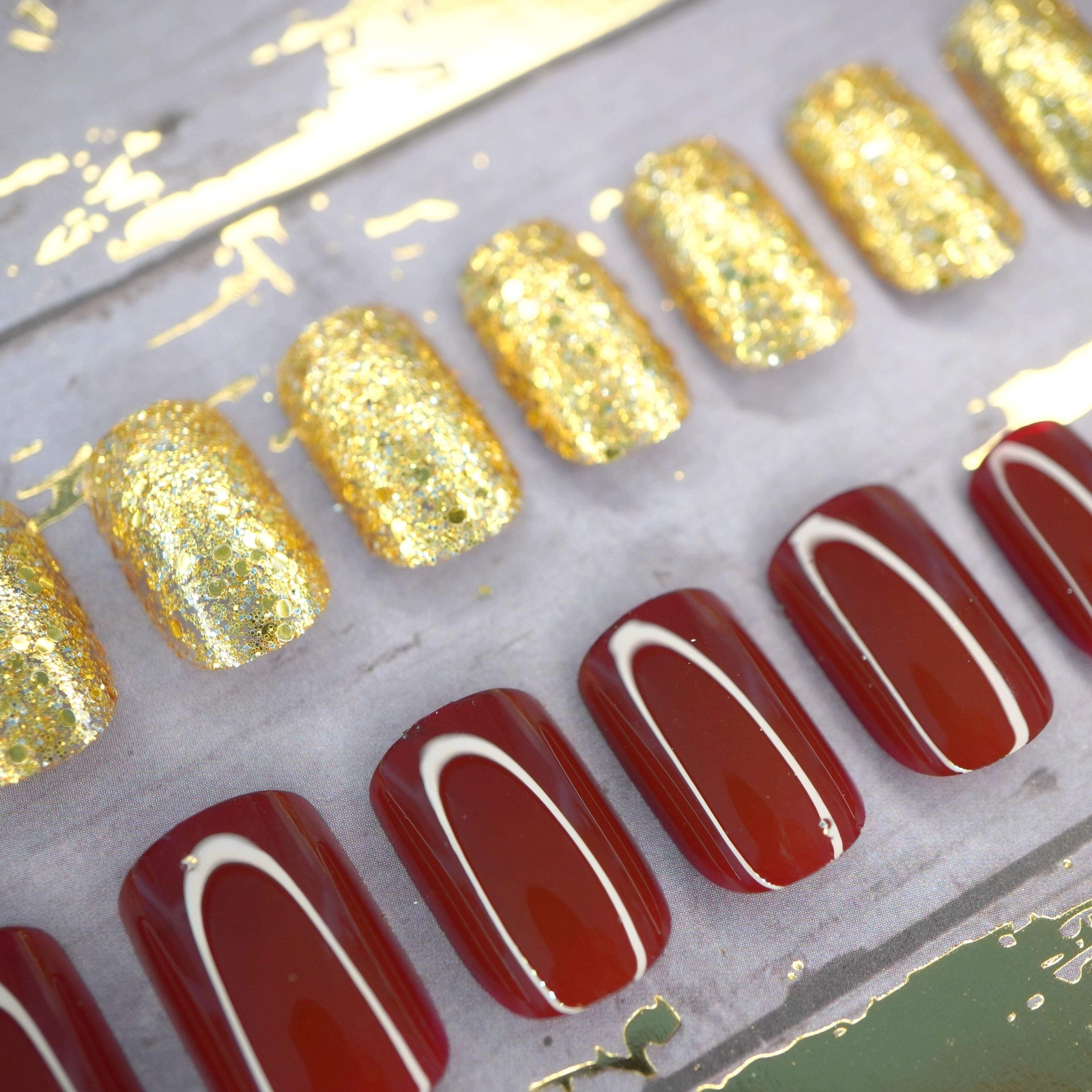 Dark Red Burgundy Glitter Gold Press On Nails Medium Long Square Fake Nails Set