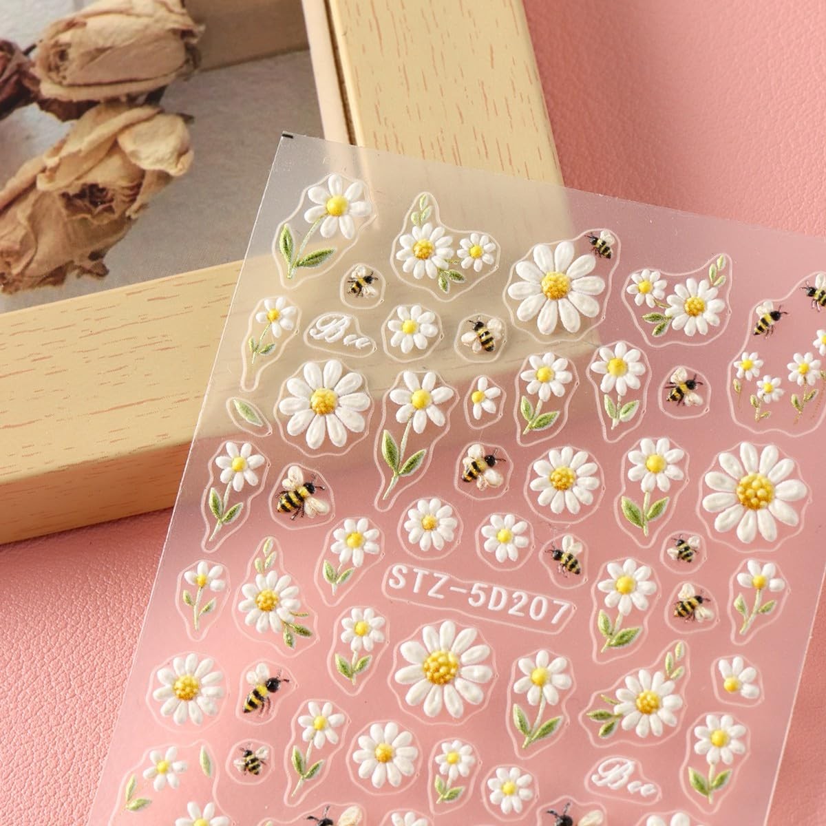 Summer Daisy Flower Nail Art Stickers 5D Embossed Nail Decals 2PCS Cute Bee L…