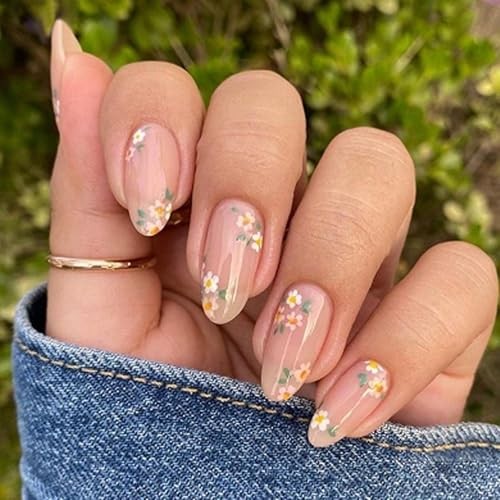 Flower Press on Nails Medium Almond Fake Nails 1 Fl Oz (Pack of 1) Almond-06