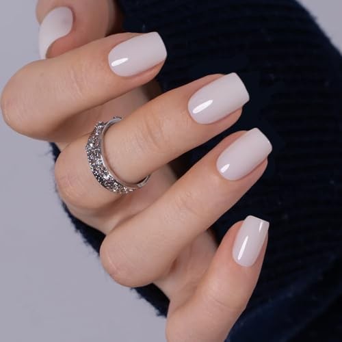 Short Square Apricot Design Press On Nails, Milky White, Soft Clean Milky Nude
