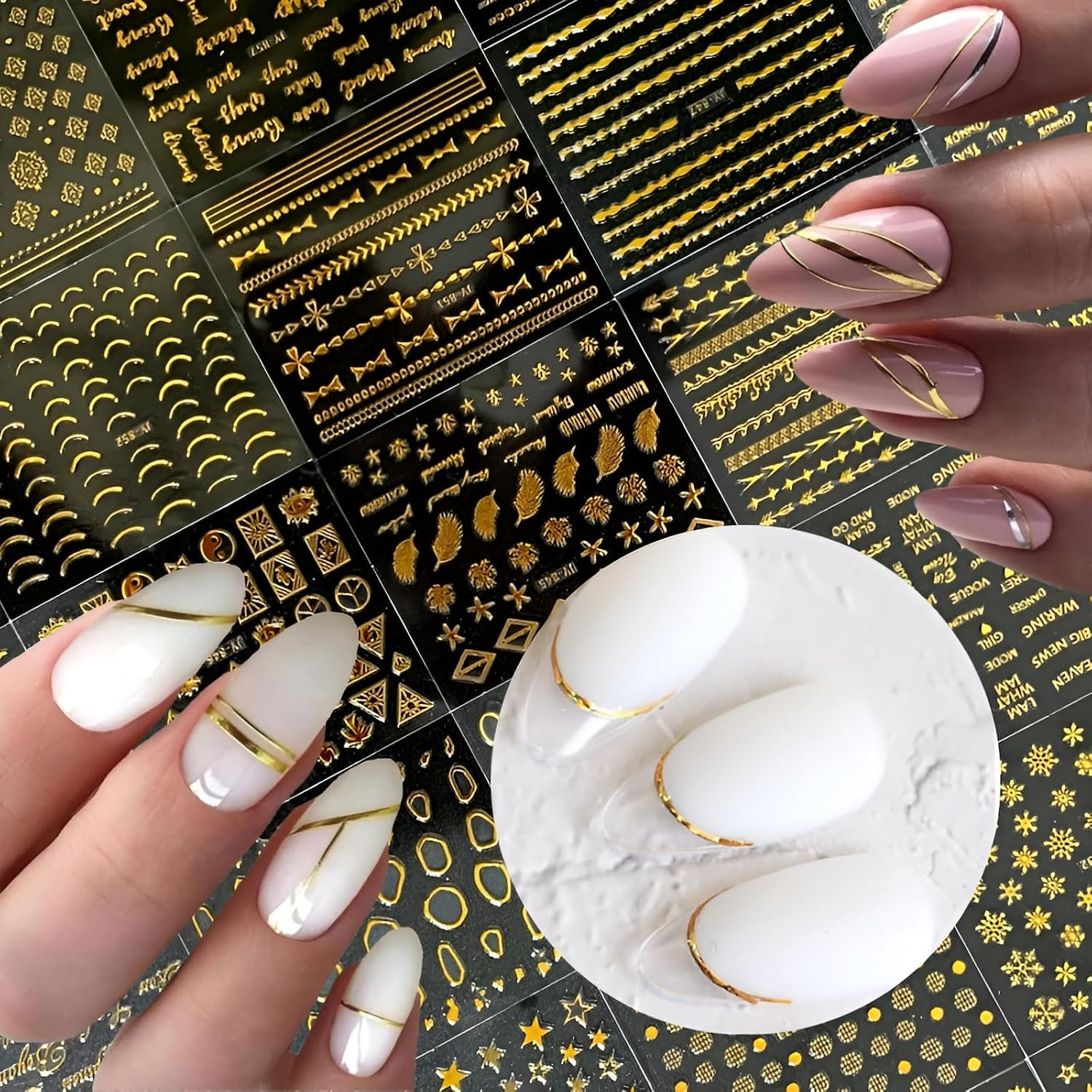 30 Sheets Gold Nail Art Stickers 3D Self-Adhesive Nail Decals Gold Line Star Nai