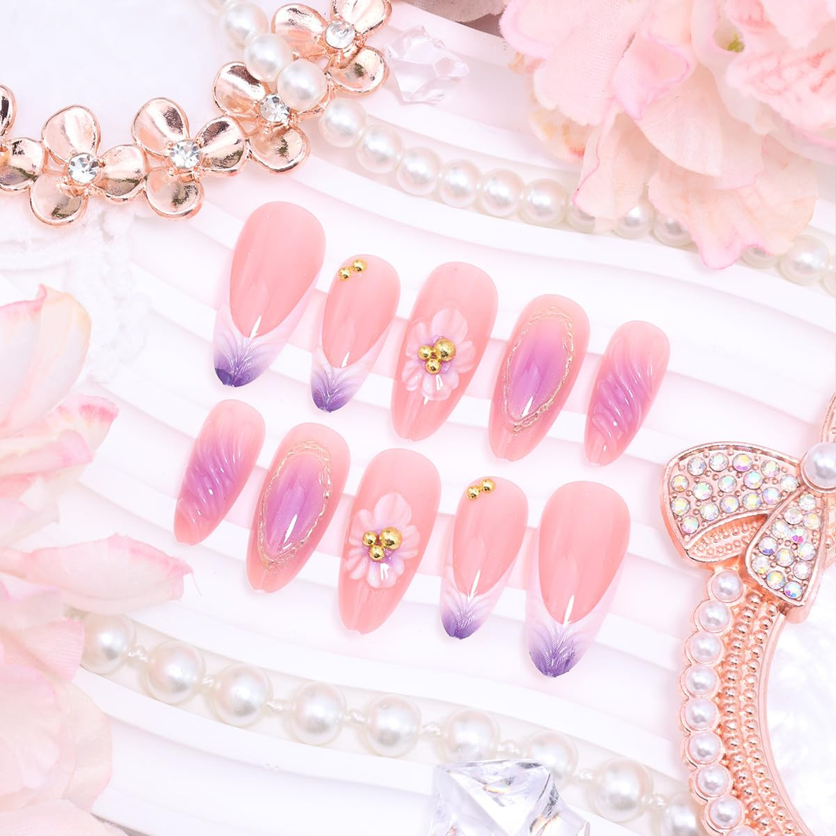 24Pcs Medium Almond Press on Nails Gradient French Tip Fake Nails 3D Purple Flow
