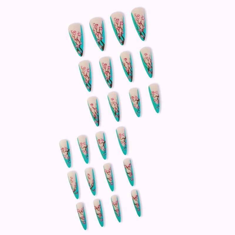 48pcs-Nude Turquoise Stiletto Nails, Press on With Pink Cherry Blossom Accents