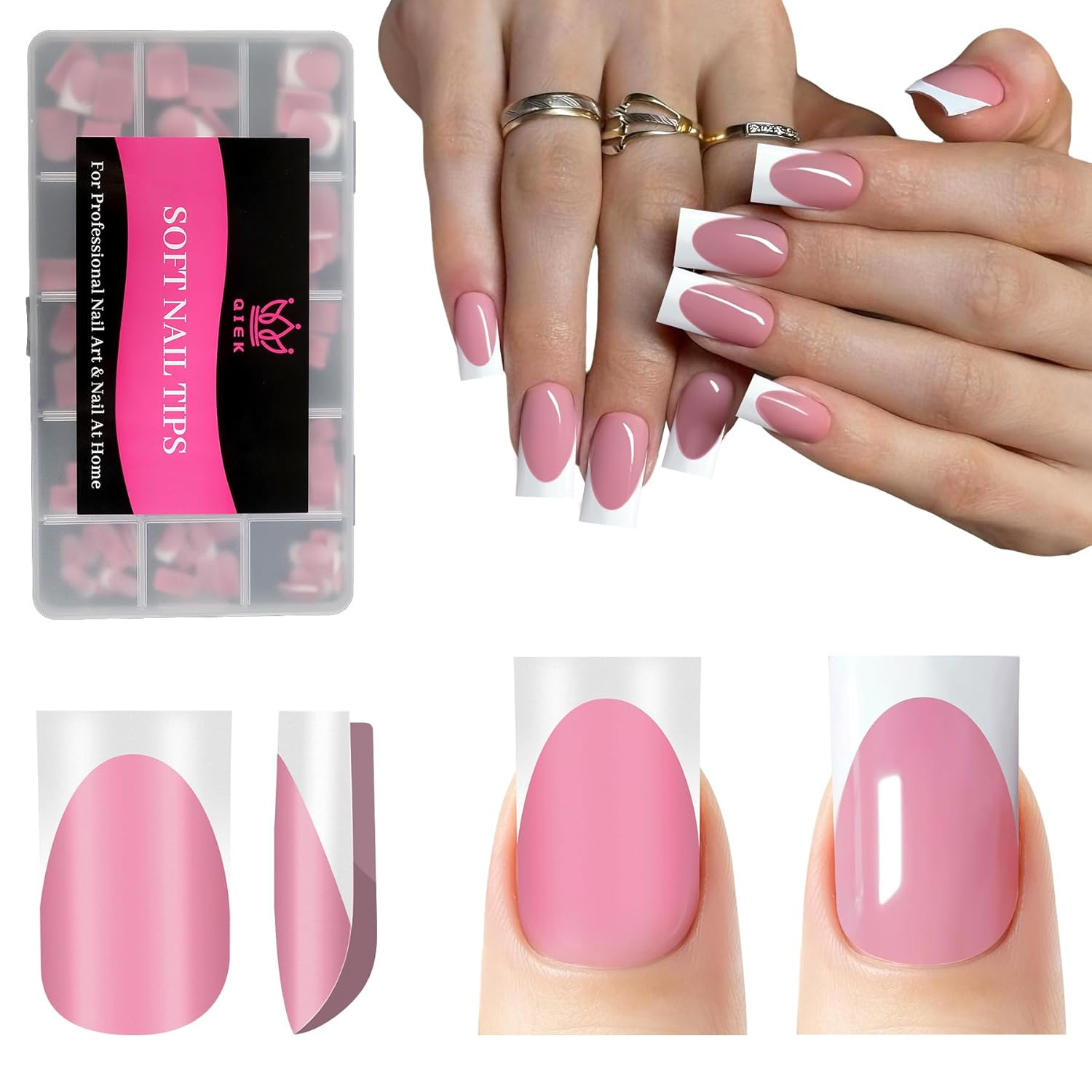 French Tips Press on Nails – 150Pcs Deep Pink Short Square Soft Gel Nail Tips Pr