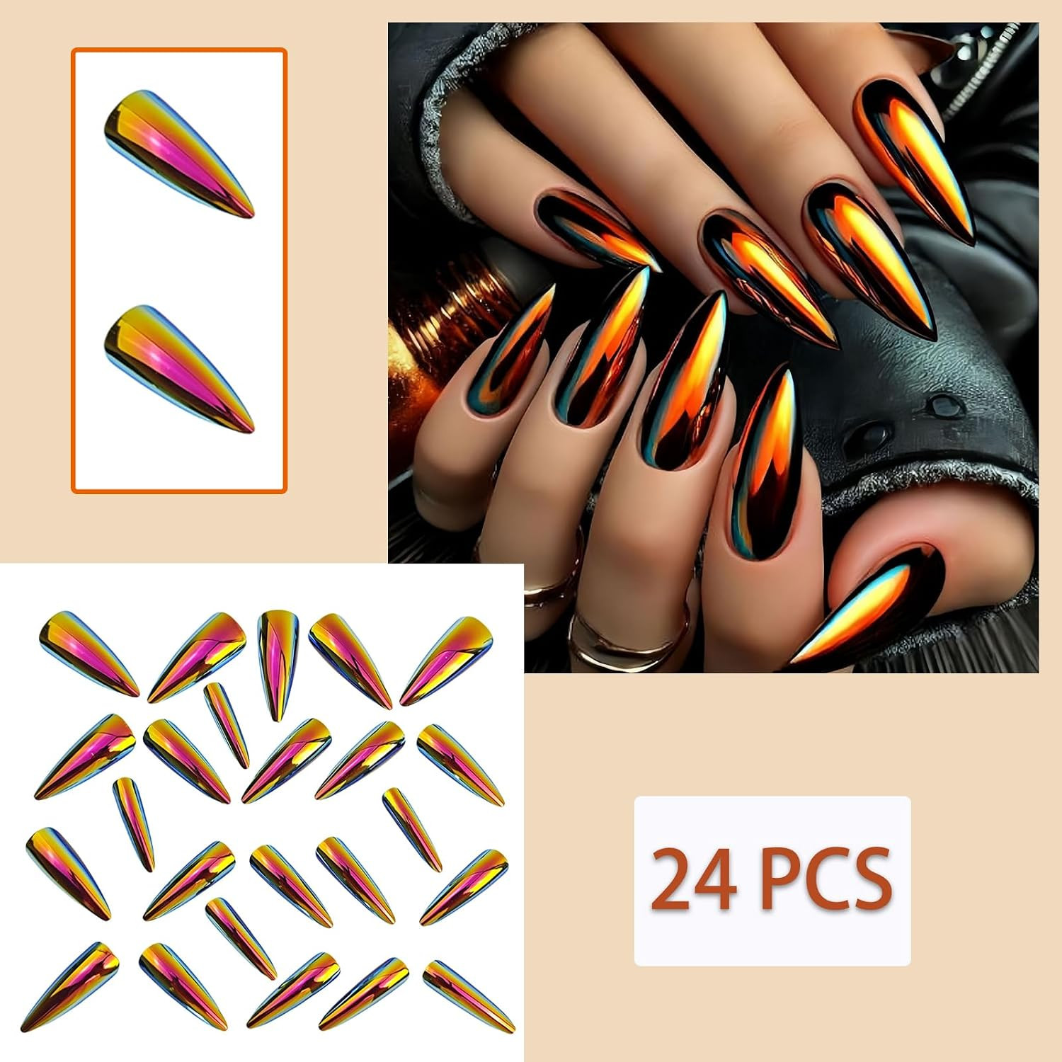 Gold Chrome Press on Nails Mirror Metal Stiletto Fake Nails Metallic Chrome Fals