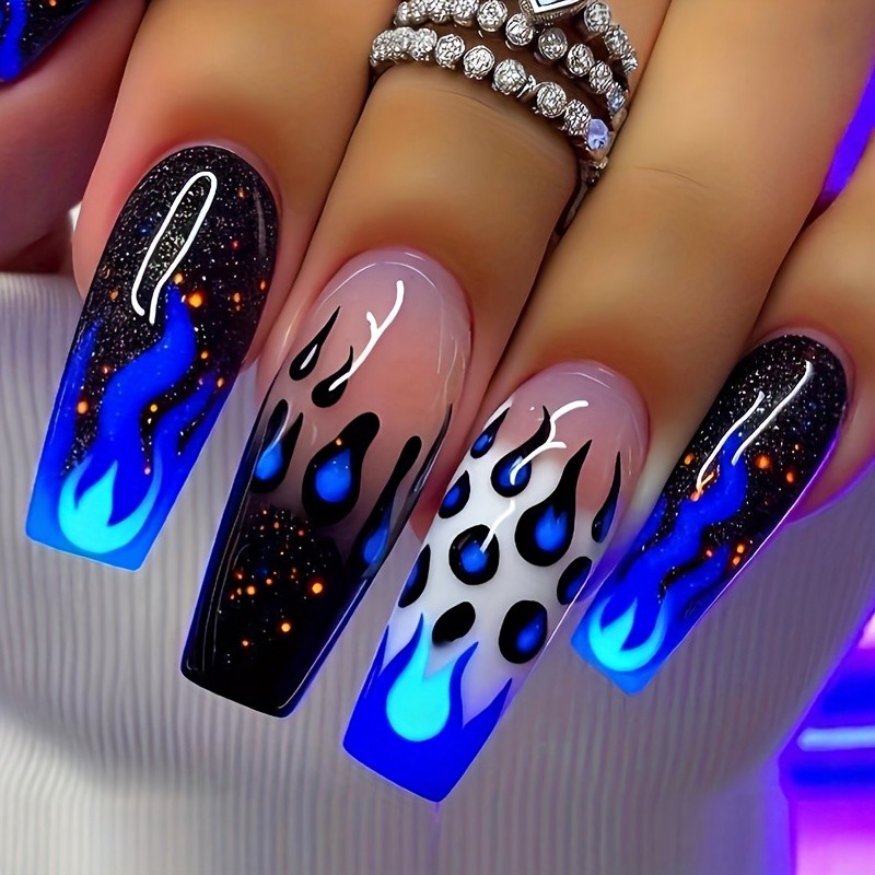 48Pcs-Neon Blue Flame Press on Nails Glossy Long Coffin Nail Art Set for Women