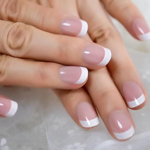 Natural Glossy Nude Pink White Press on French False Nails Nude Pink with white