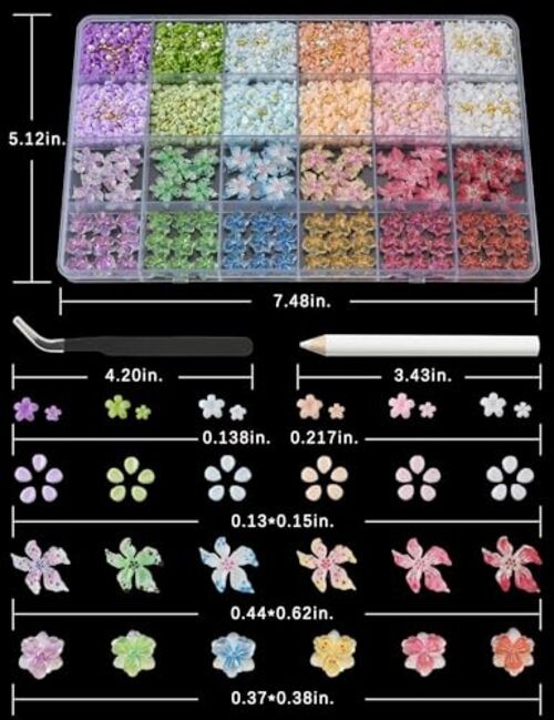 3000 Pcs 3D Flower Nail Charms and Gems 24 Grid Charms Set 1 – 4 styles Flowers