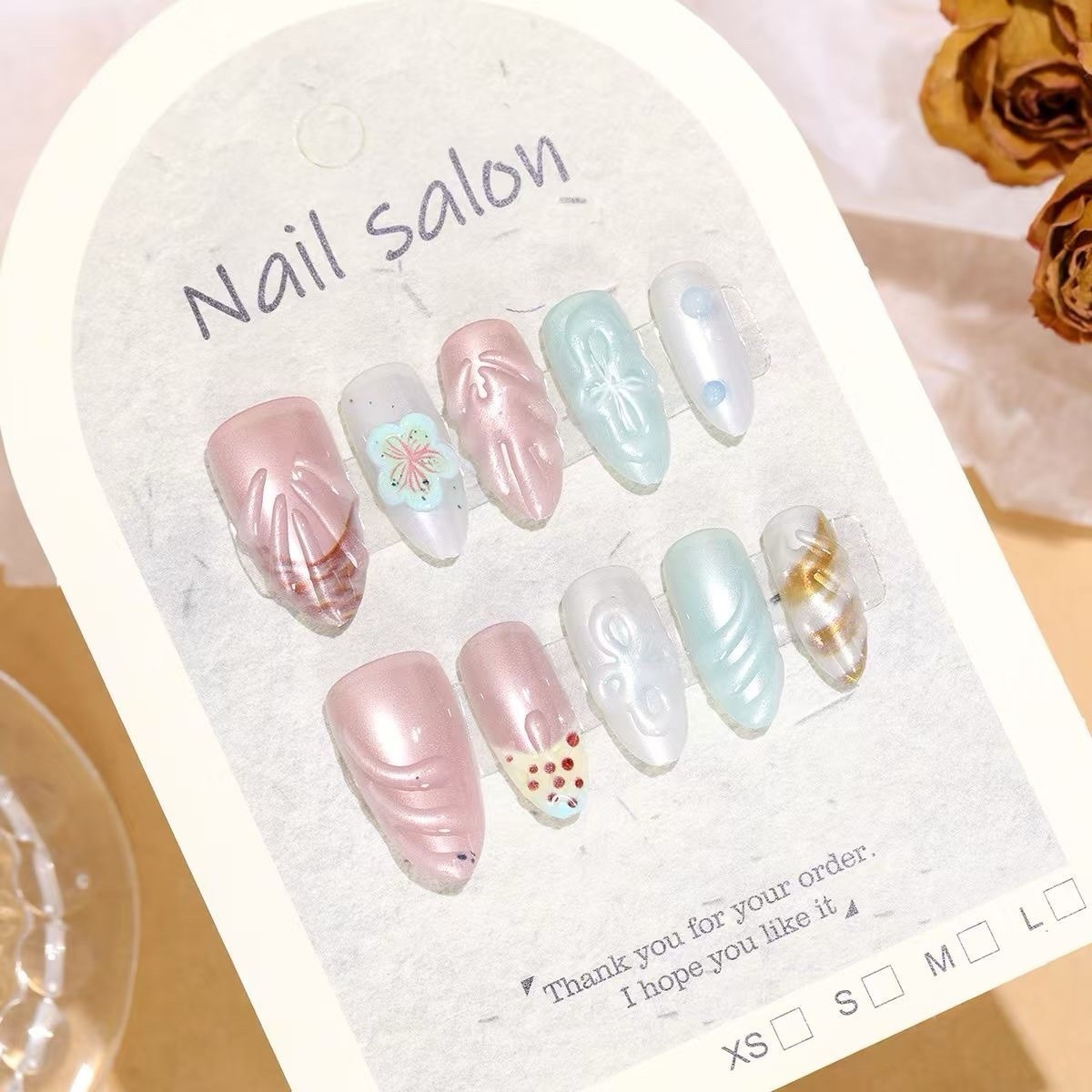 Elegant Pastel 3D Floral Press On Nails Almond XS S M
