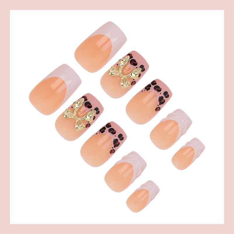 48pcs Short Square Press on Nails, Nude Leopard Gold Bow Wavy French Nails