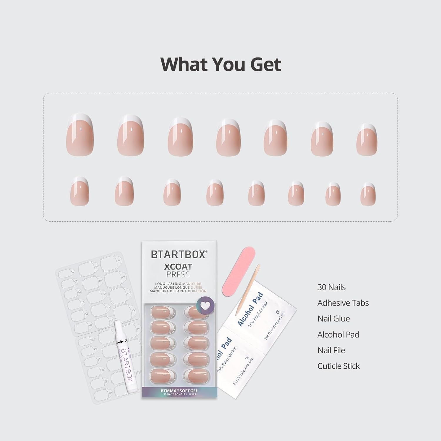 Durable Press On Nails Kit – 30 Piece Chic Twins French Gel Nails for Women