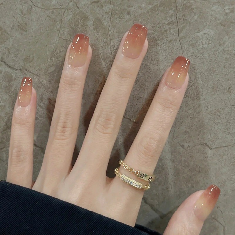 48Pcs-Milk Tea Gradient Press on Nails Medium Square Simple Solid Gloss Manicure