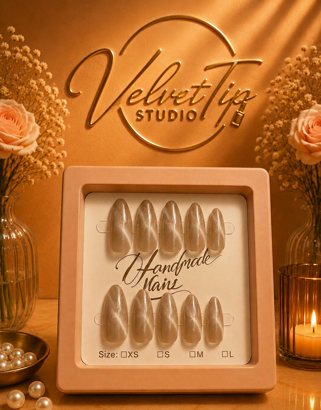 VelvetTip Studio Shiny Beige Almond Press-On Nails Handmade Sizes M