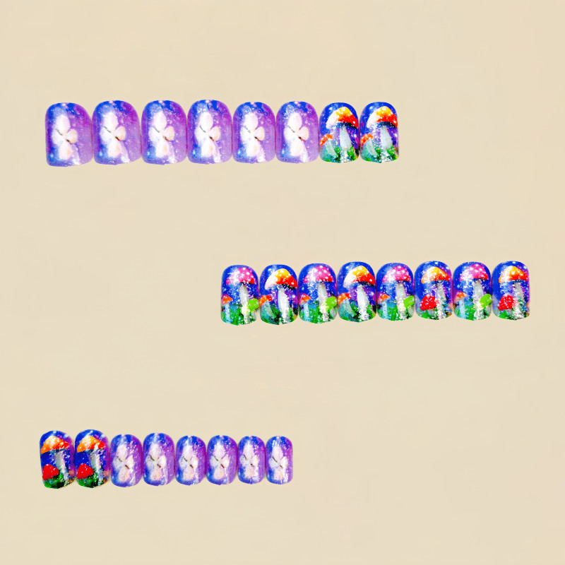 48 Pcs Color Mushroom Purple Glitter Coffin Press on Nails, Cute Nude Fake Nails