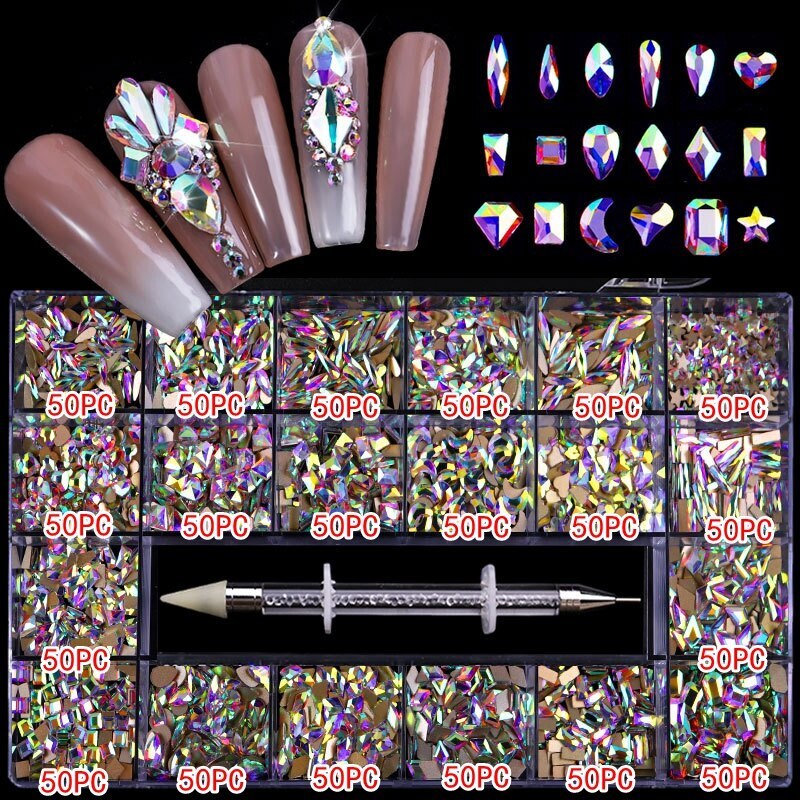 3100PCS/Boxed Luxury Rhinestone Nail Art Jewelry Set Glass Nail Crystals Box