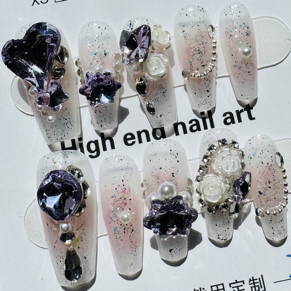 Press-On Nails Long Coffin White/Pink/Purple/Silver Glitter Flower Acrylic 0968
