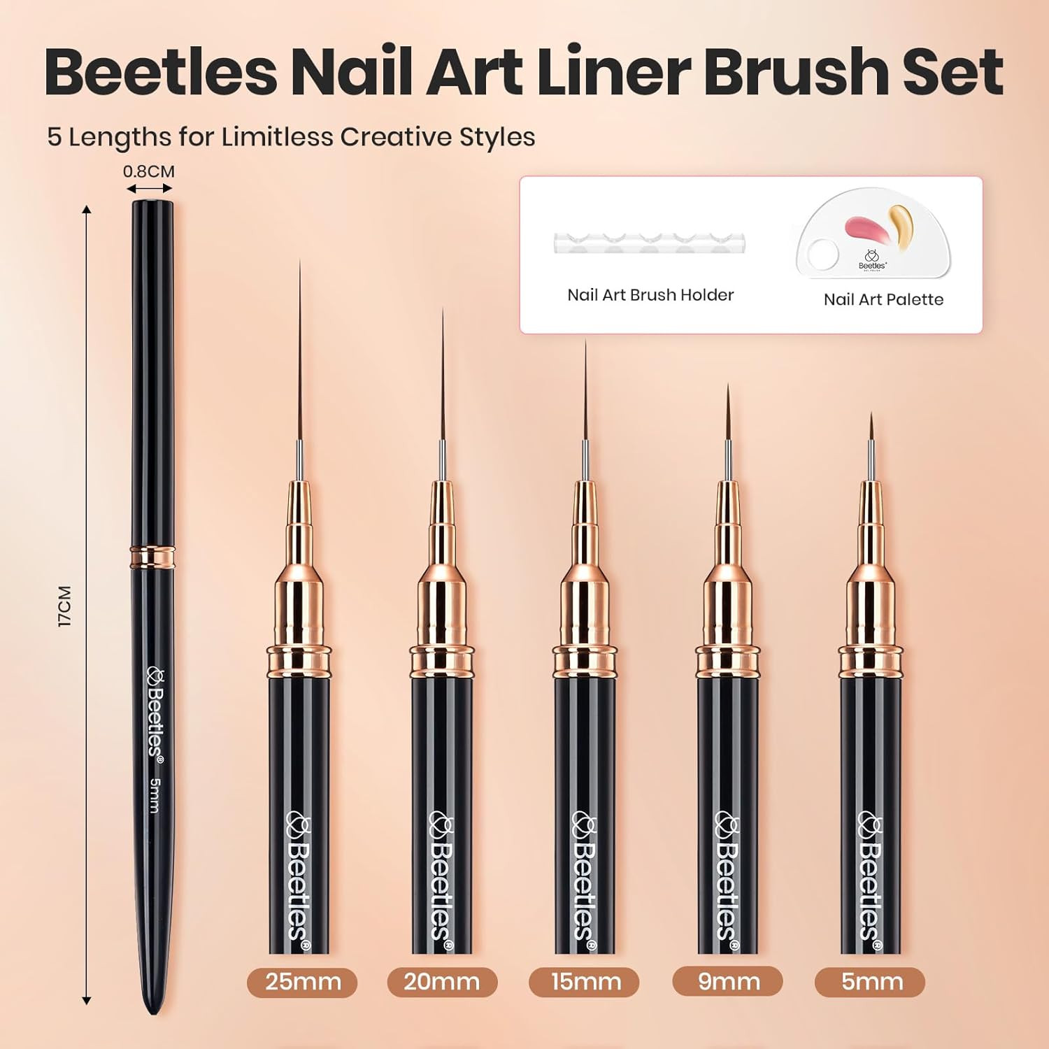 Beetles Liner Brushes for Nails 5Pcs – Metallic Nail Art Brushes Black Nail Art