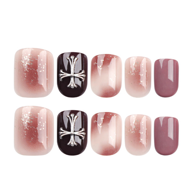 Maillard Color Ombré Glitter Press-On Nails with Cross Pattern, Short Square