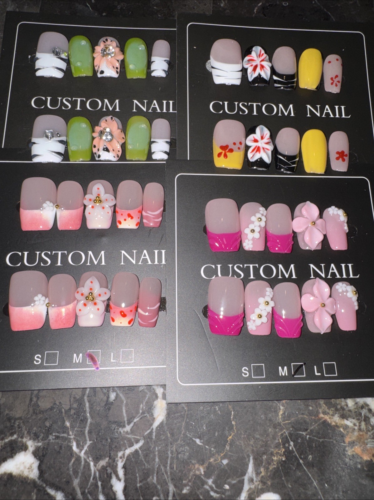 Handmade Short Square Press On Nails Medium 3D Flower French Tip Variety Bundle