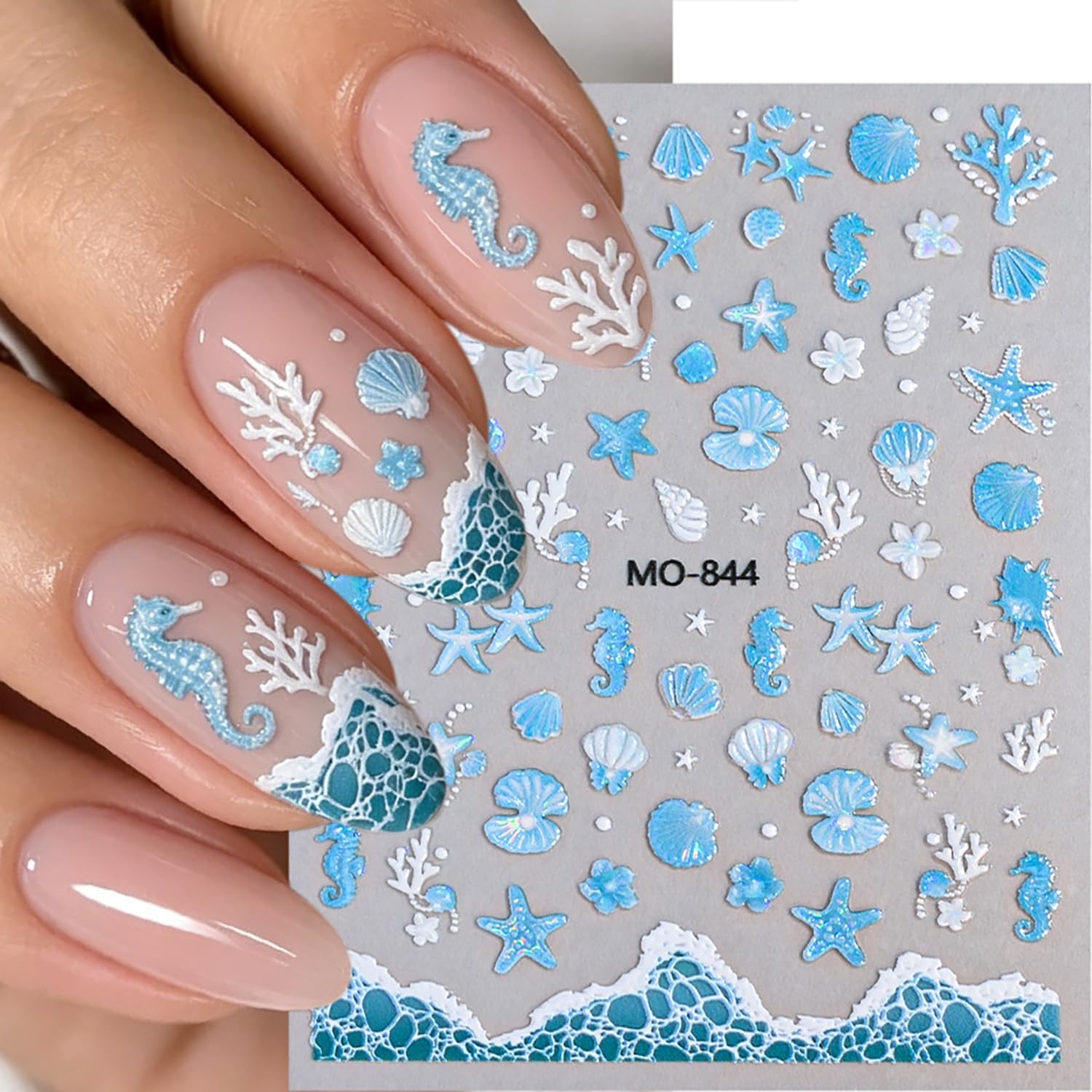 Holographic Ocean Nail Art Stickers – 6 Sheets Self-Adhesive Sea Star Shell C…