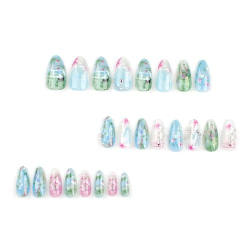 24Pcs Flower Press on Nails Medium Almond Fake Nails Colorful Spring Summer