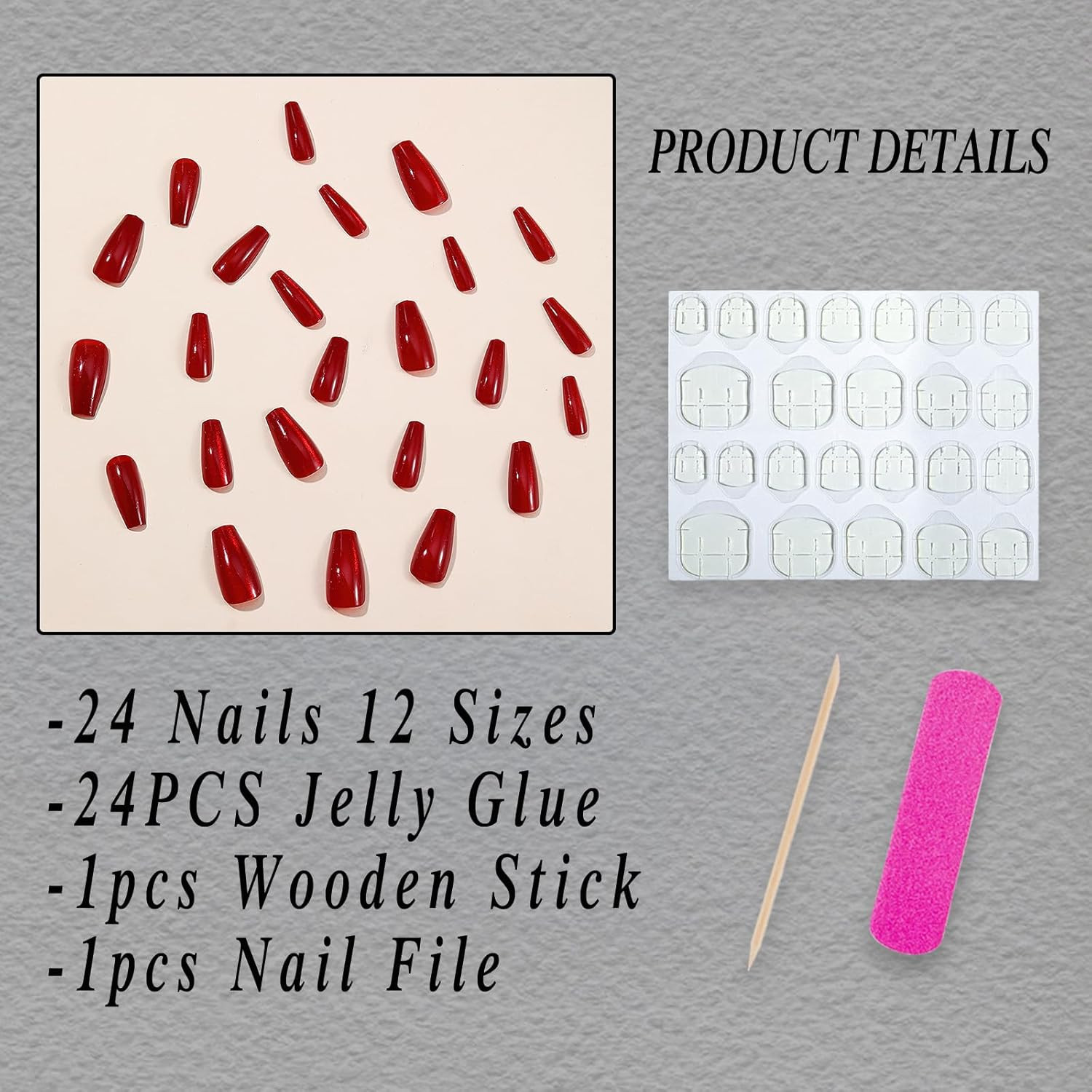 Wine Red Press on Nails Long Square Coffin Fake Nails Glossy Red Acrylic Nails S