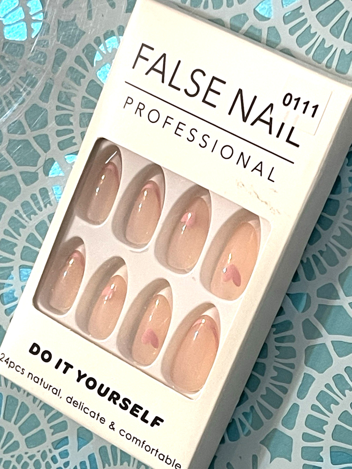 False Nail Professional NUDE with DOUBLE FRENCH PINK HEARTS DETAIL Press On Mani