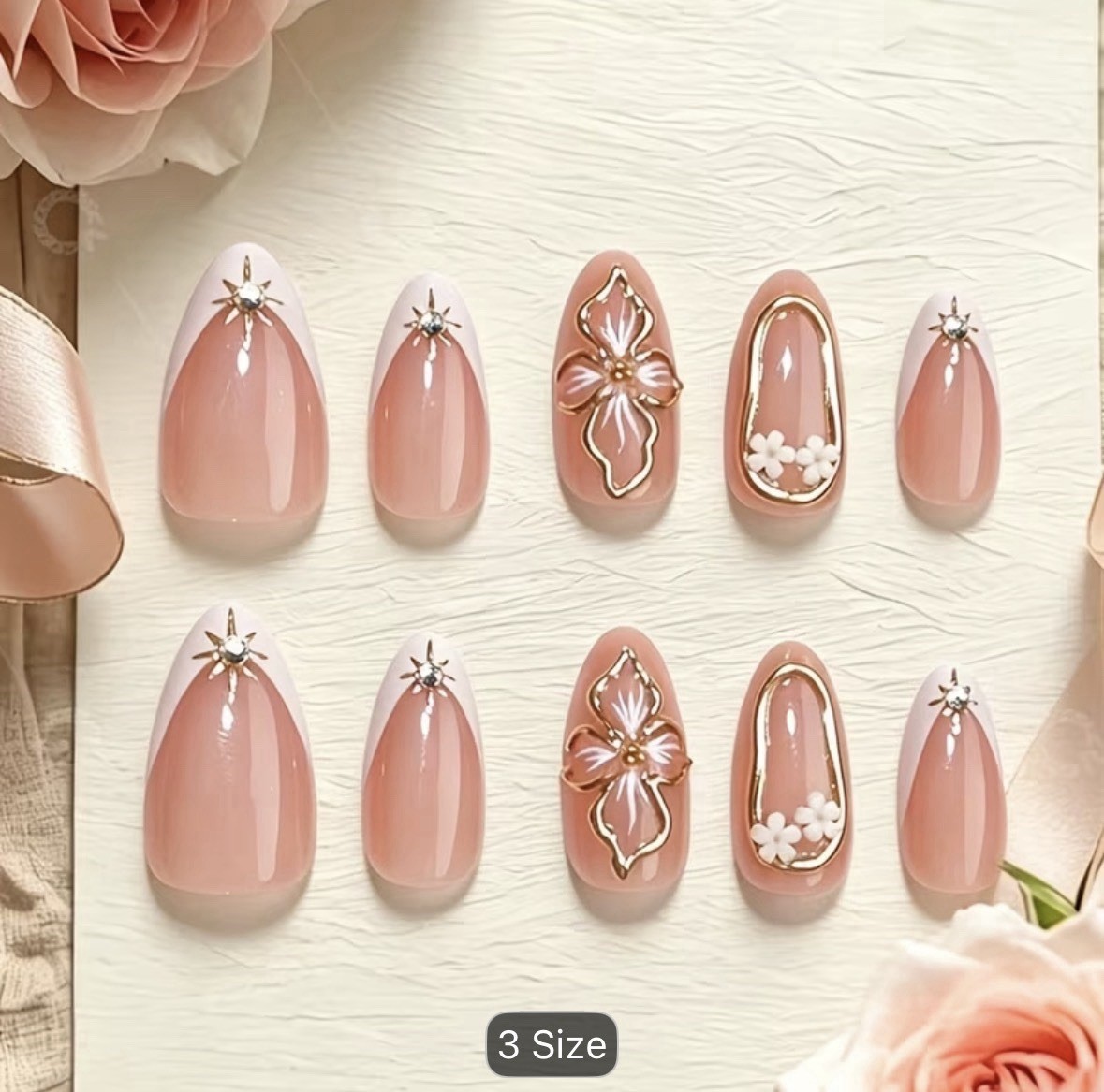 Nude, White, Gold French Press-On Nails Medium Almond Floral Full Cover Set