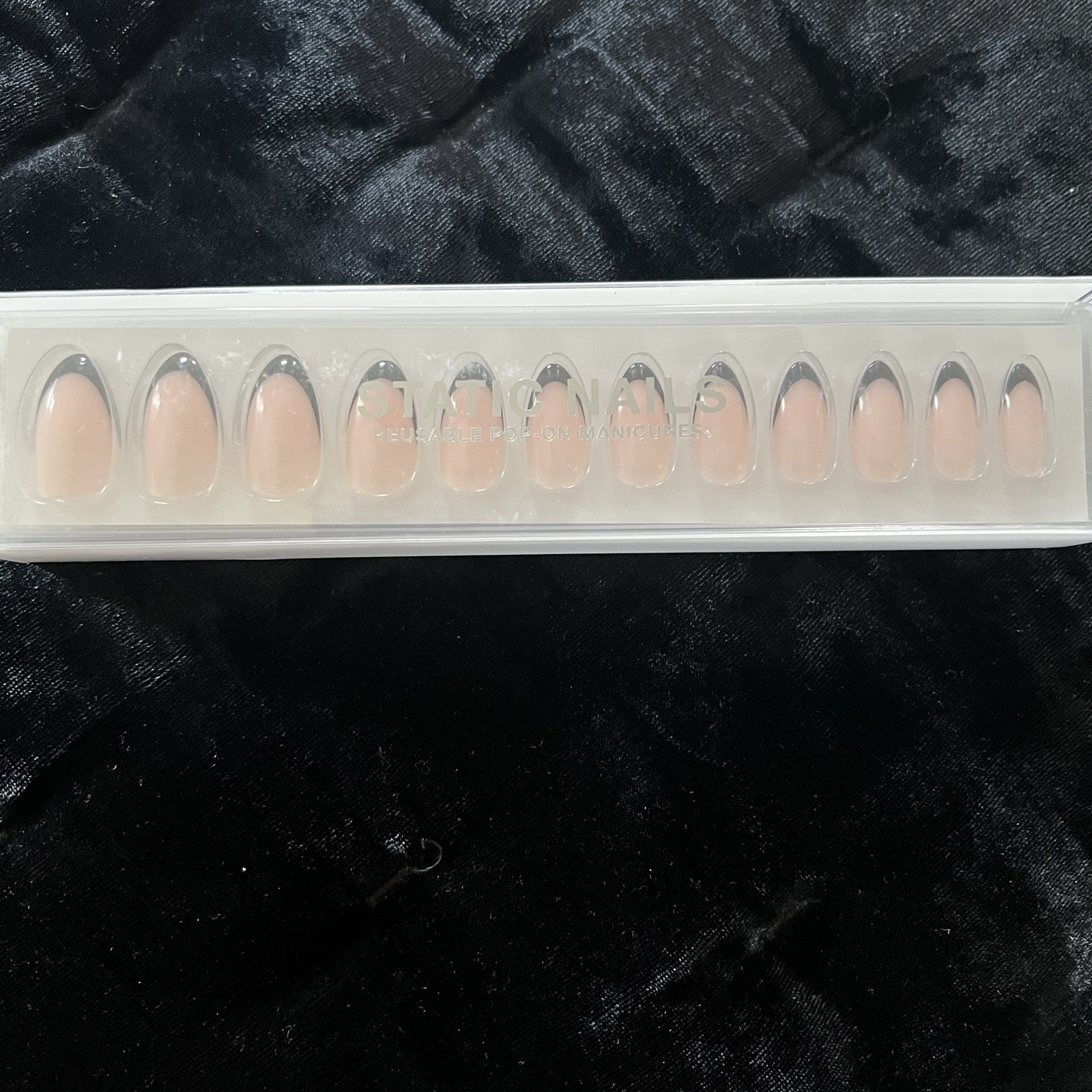 💅 Static Nails Black French Almond Reusable Pop-On Manicure New In Box