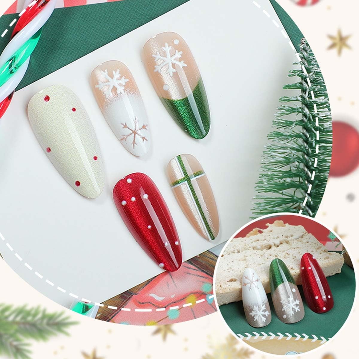 24Pcs Christmas French Tip Press on Nails Medium Almond Snowflake Fake Nails …