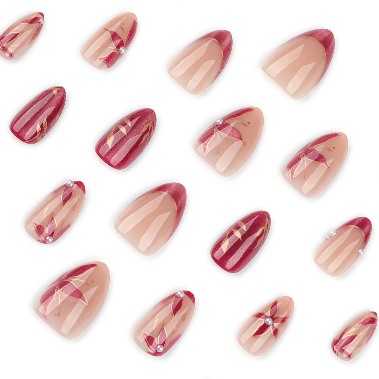 24pcs 2026 Cat Eye Leaf Flower Short Almond Press On Nails