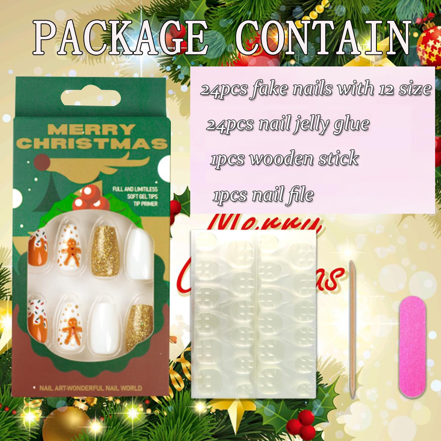 Christmas Press on Nails Coffin Medium, 24Pcs Gold Glitter Artificial Fake Nails