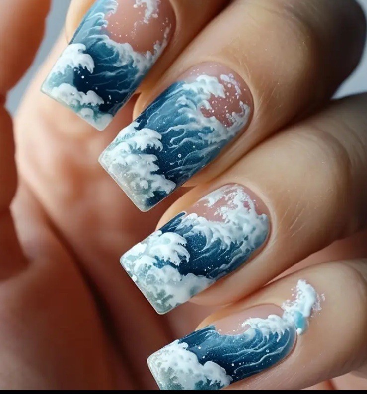 Blue Ocean Waves Nail Tips 24pcs Finished Boxed With Glue & Tabs Nails