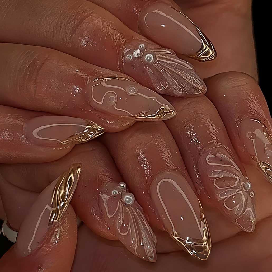 Press on Nails Nude Almond Clear 3D Fake Nails French Full Cover Bling Acrylic F