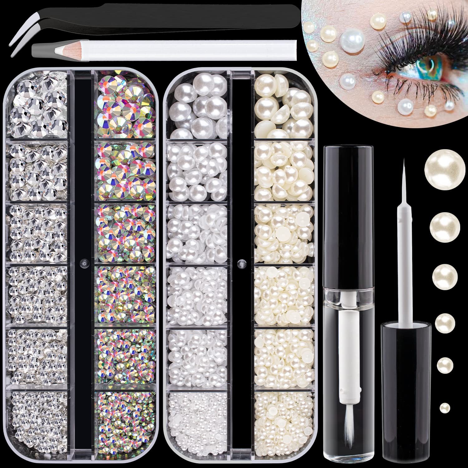 Flat Back Rhinestones&Pearls Kits Round Glass Crystal AB&Transparent White Ge…