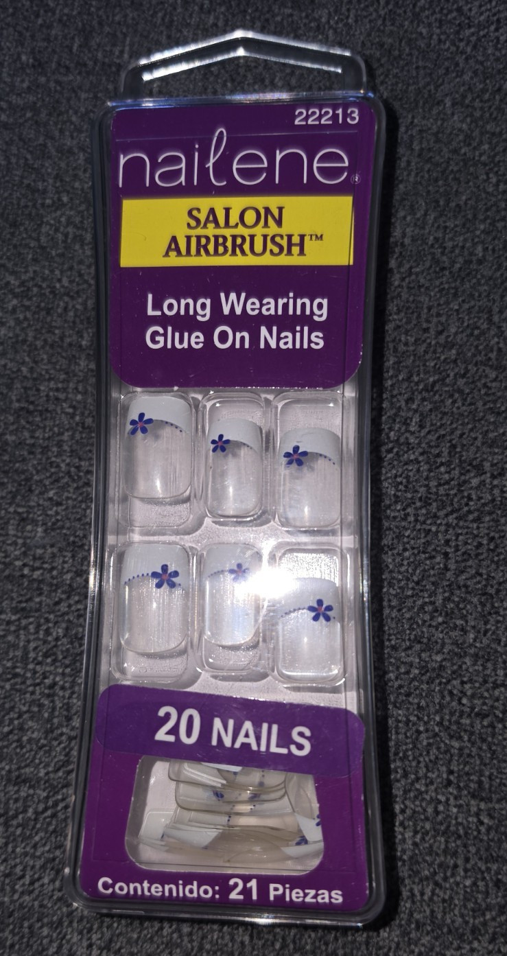Nailene Salon Airbrush Press-On Nails White/Blue Flowers Pre-Designed 20ct 22213