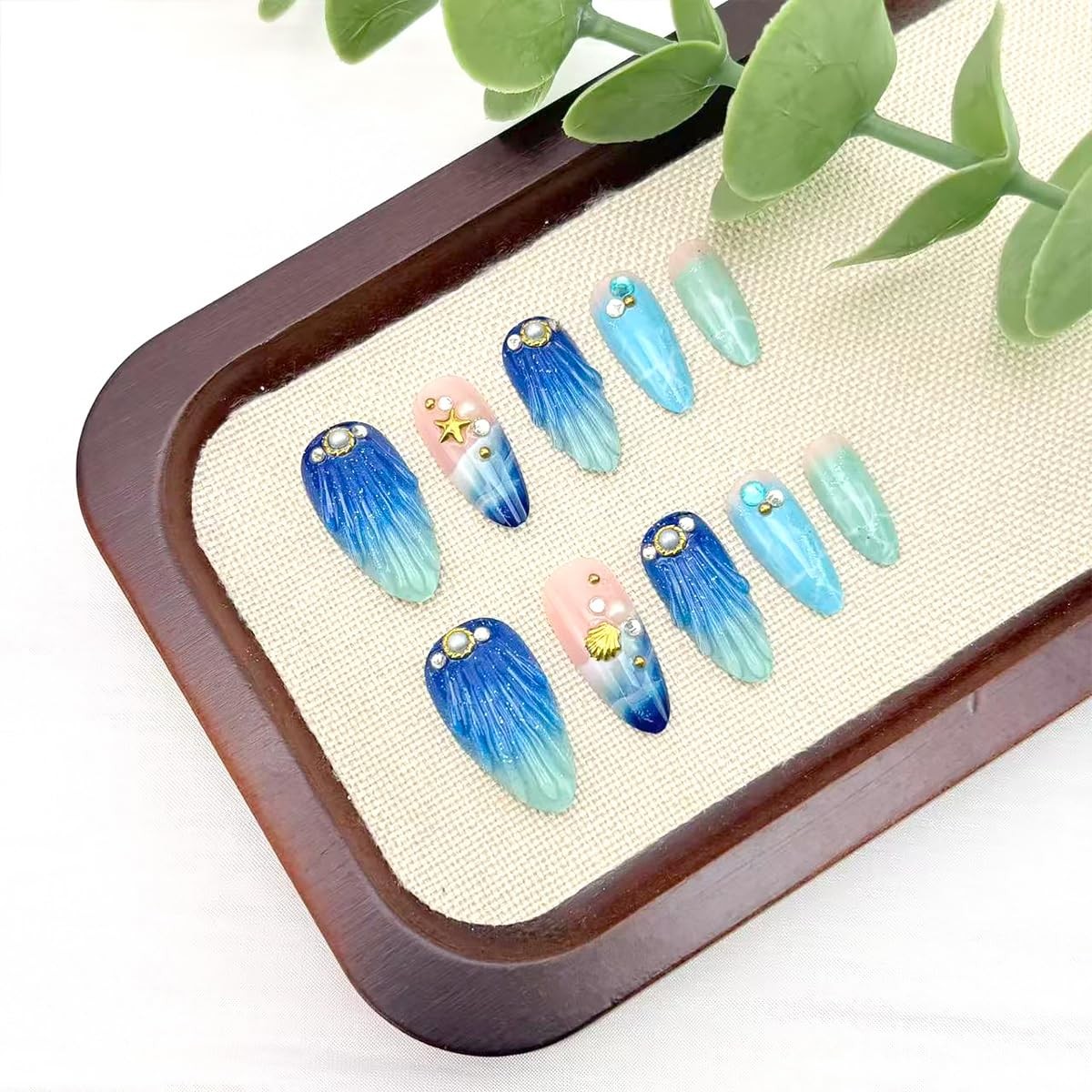 24Pcs Summer Press on Nails Medium Almond Fake Nails Blue Ocean Design 3D Gol…
