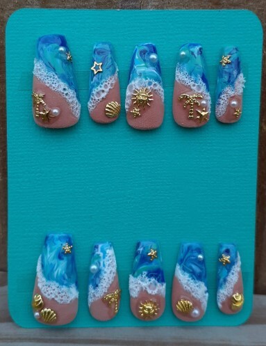 Beach Ocean Theme Nails Shell Sand Vacation Press on Nails Beach Wedding Nails