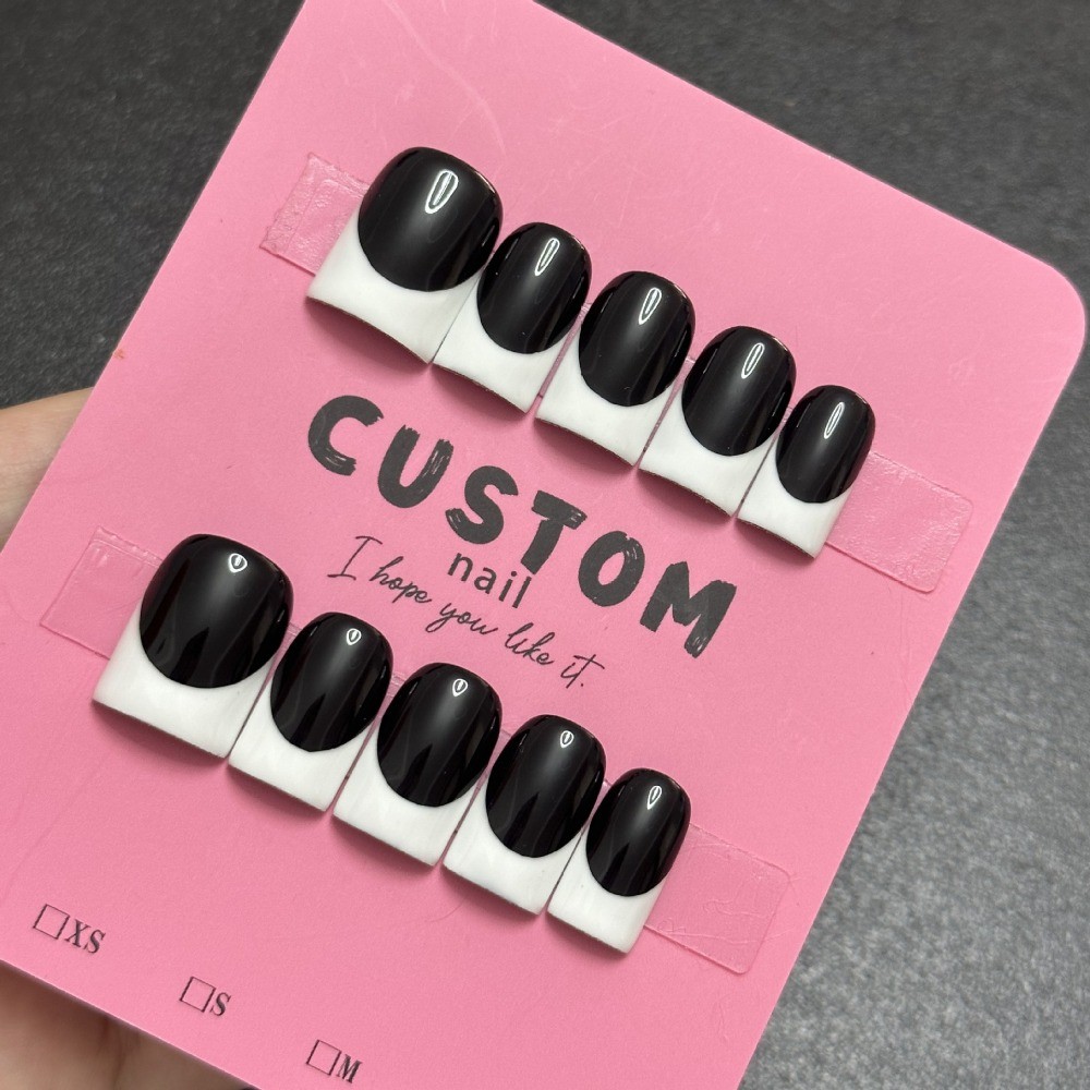 10pcs Black White French Press on Nails Short Square Fake Nail Art Tips