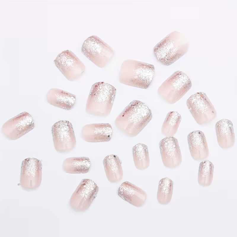 24pcs Medium Press-On Nails, Glossy, Pink and Glitter Silvery Tips