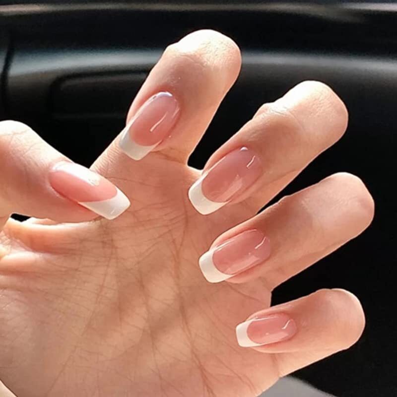 24PCS White French Tip Press on Nails Short Square Fake Nails Pink french-3