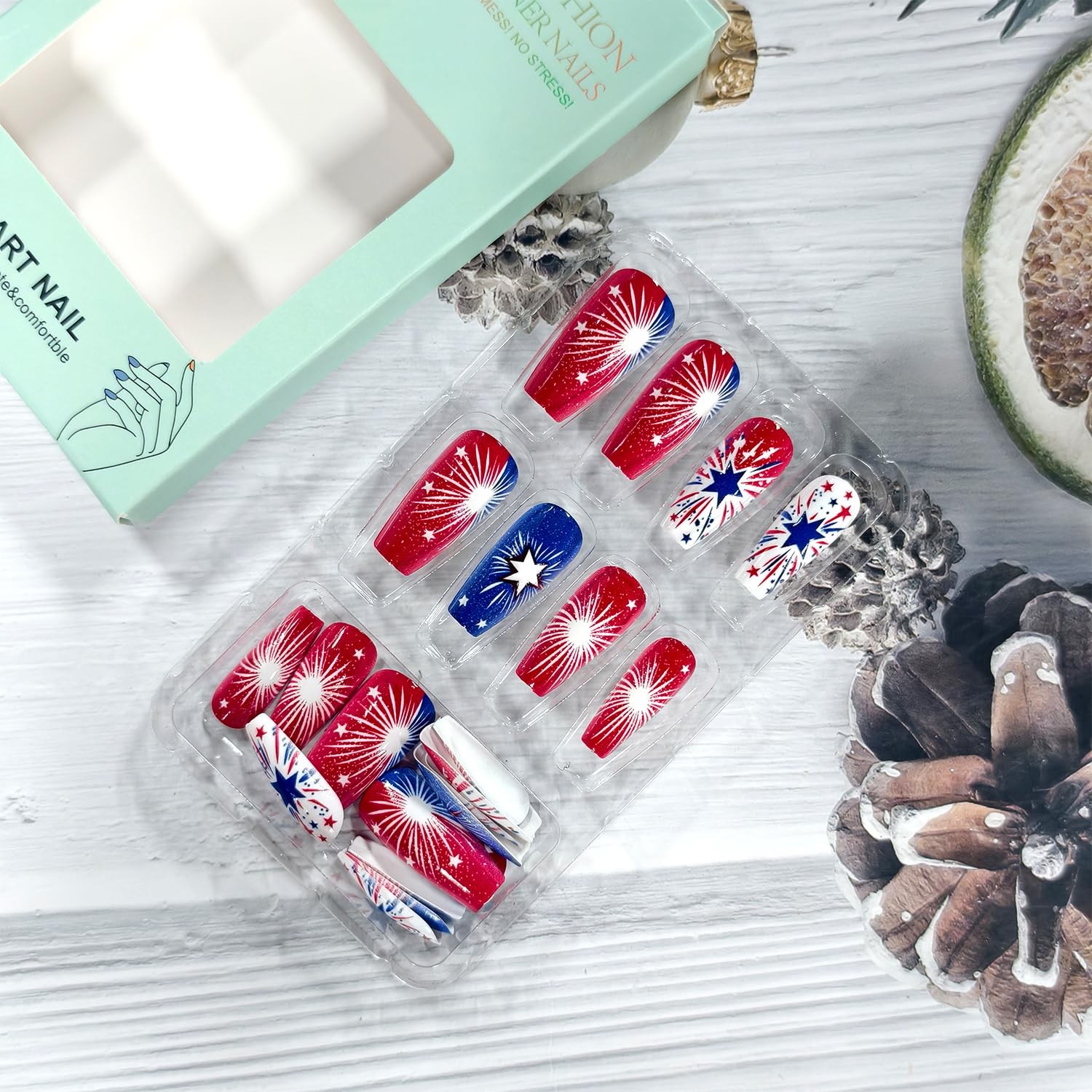 4th of July Press on Nails Ballet Shaped Artificial Acrylic Gradient Firework…